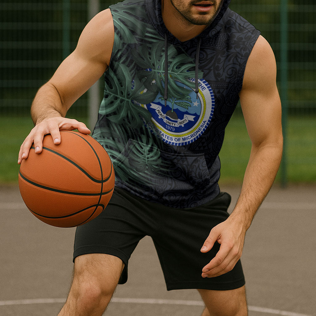 Federated States Of Micronesia Sleeveless Hoodie FSM Tropical Monstera Leaf Dark Tribal Pattern TS04 - Polynesian Pride
