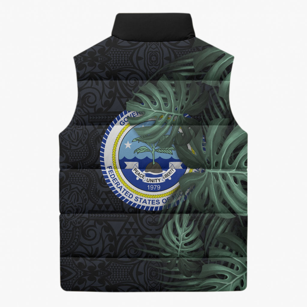 Federated States Of Micronesia Sleeveless Puffer Jacket FSM Tropical Monstera Leaf Dark Tribal Pattern TS04 - Polynesian Pride