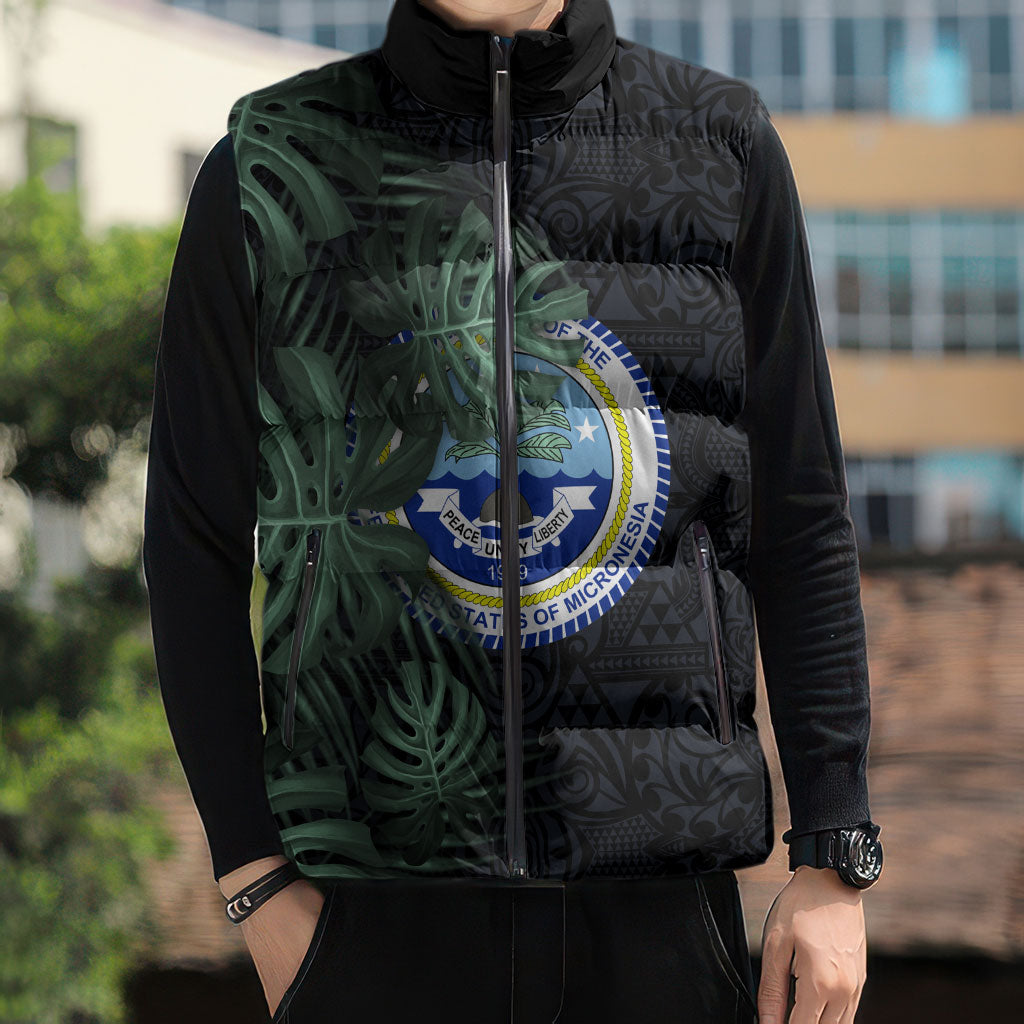 Federated States Of Micronesia Sleeveless Puffer Jacket FSM Tropical Monstera Leaf Dark Tribal Pattern TS04 - Polynesian Pride