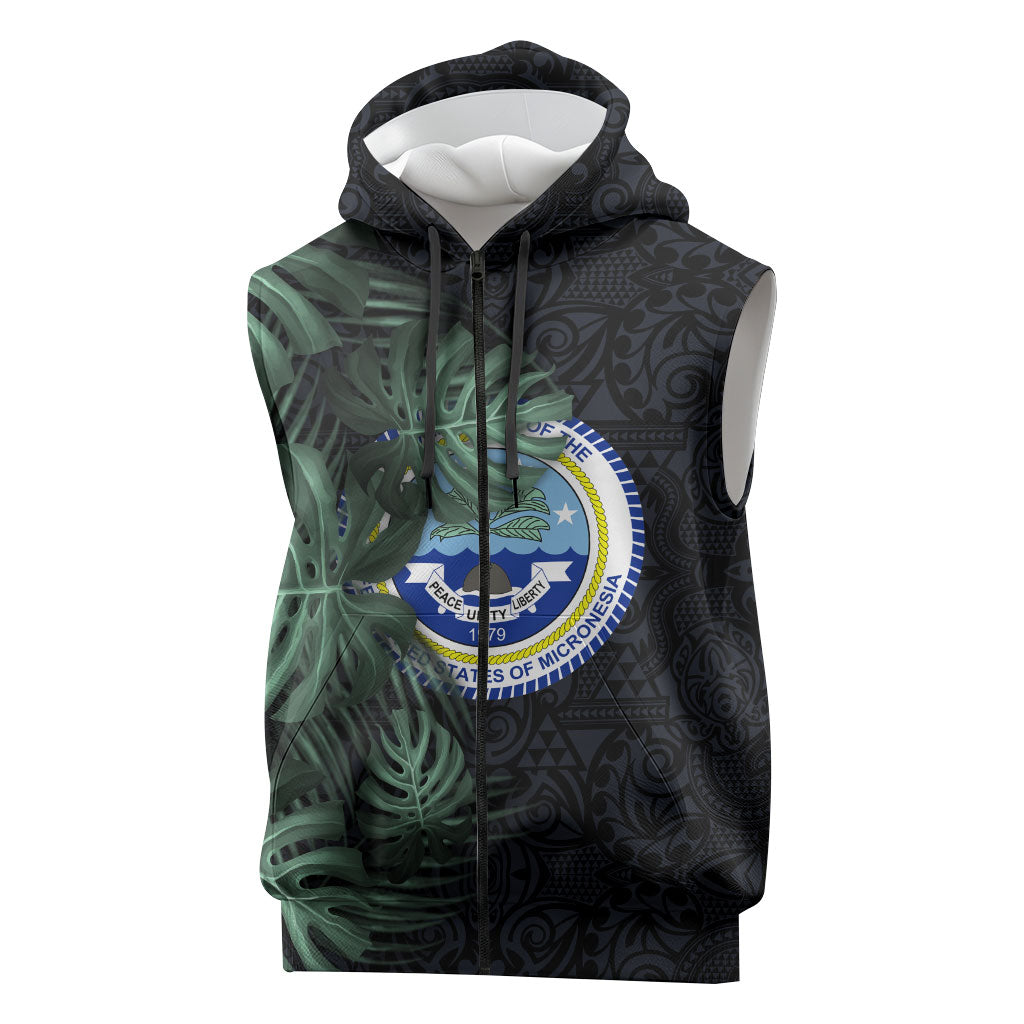 Federated States Of Micronesia Sleeveless Zip Hoodie FSM Tropical Monstera Leaf Dark Tribal Pattern TS04 Black Green - Polynesian Pride