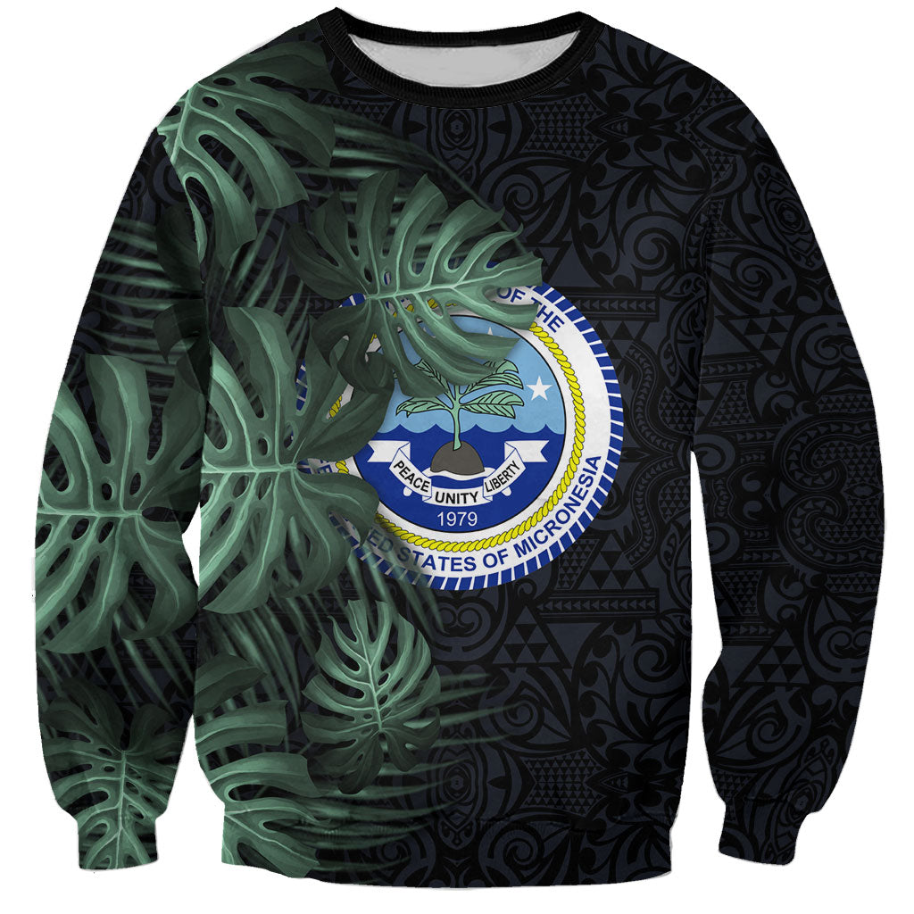 Federated States Of Micronesia Sweatshirt FSM Tropical Monstera Leaf Dark Tribal Pattern