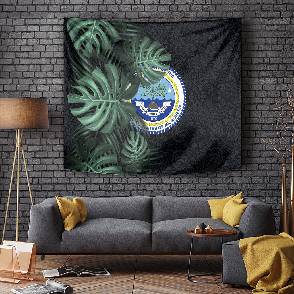 Federated States Of Micronesia Tapestry FSM Tropical Monstera Leaf Dark Tribal Pattern TS04 Black Green - Polynesian Pride