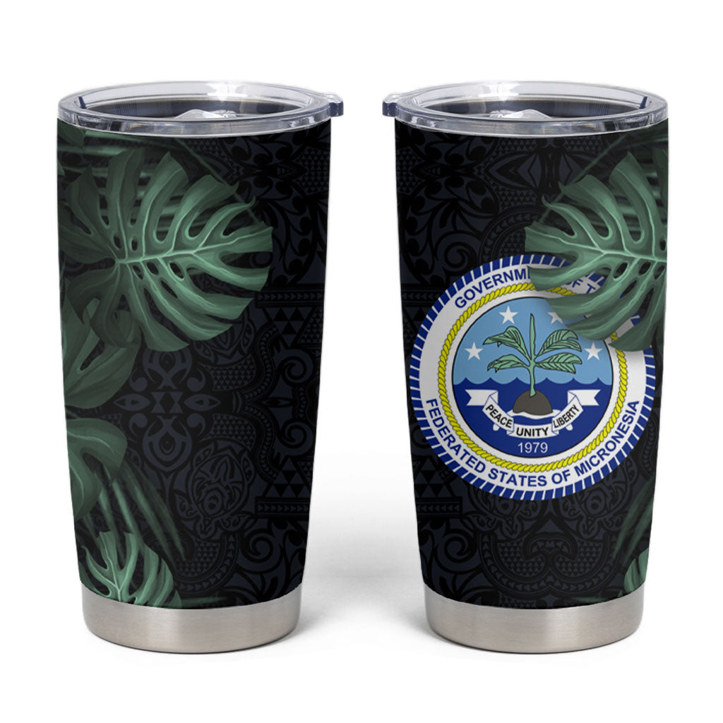 Federated States Of Micronesia Tumbler Cup FSM Tropical Monstera Leaf Dark Tribal Pattern