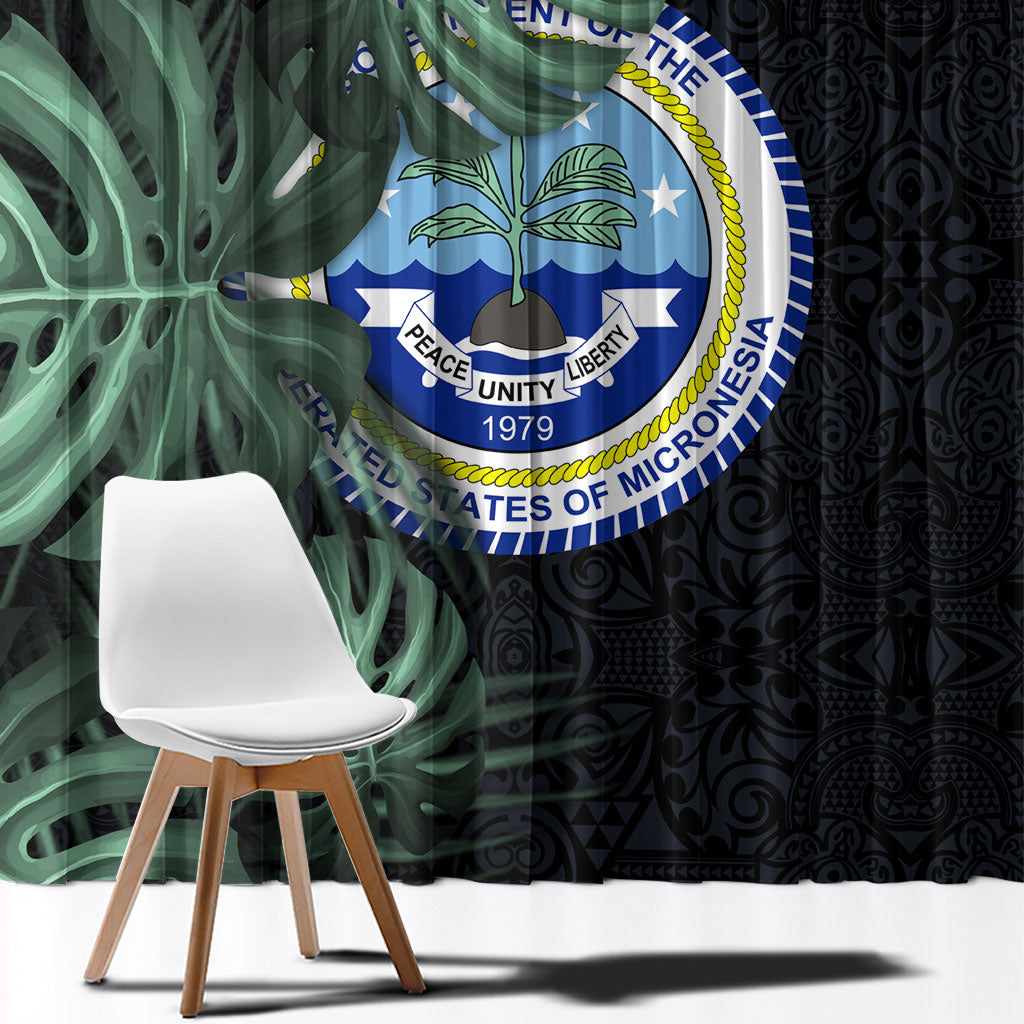 Federated States Of Micronesia Window Curtain FSM Tropical Monstera Leaf Dark Tribal Pattern TS04 - Polynesian Pride