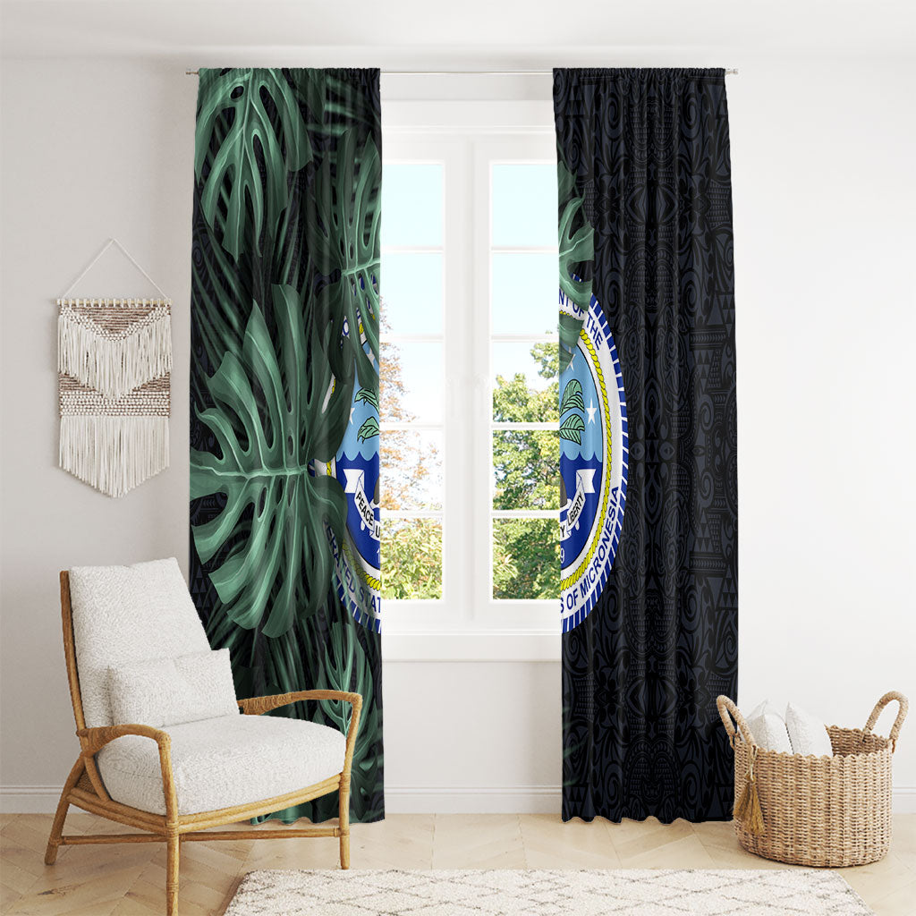 Federated States Of Micronesia Window Curtain FSM Tropical Monstera Leaf Dark Tribal Pattern TS04 - Polynesian Pride