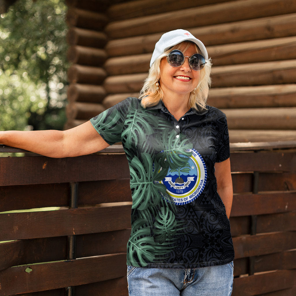 Federated States Of Micronesia Women Polo Shirt FSM Tropical Monstera Leaf Dark Tribal Pattern TS04 - Polynesian Pride