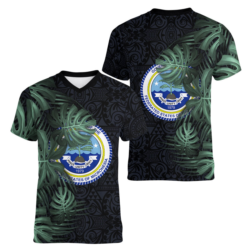 Federated States Of Micronesia Women V-Neck T-Shirt FSM Tropical Monstera Leaf Dark Tribal Pattern TS04 - Polynesian Pride