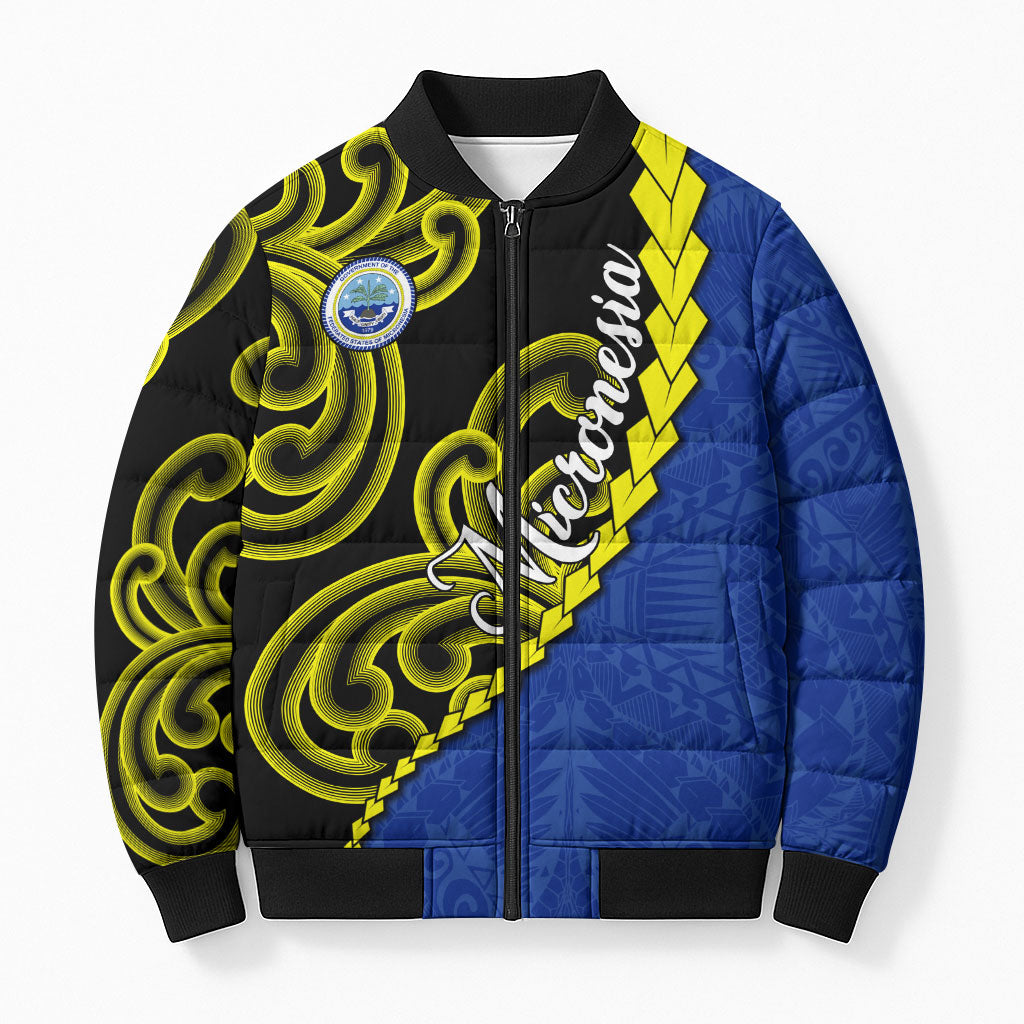 Federated States Of Micronesia FSM Bomber Puffer Jacket Pacific Islander Tribal Swirl Geometric Pattern TS04 Unisex Black Blue - Polynesian Pride