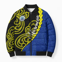 Federated States Of Micronesia FSM Bomber Puffer Jacket Pacific Islander Tribal Swirl Geometric Pattern TS04 Unisex Black Blue - Polynesian Pride