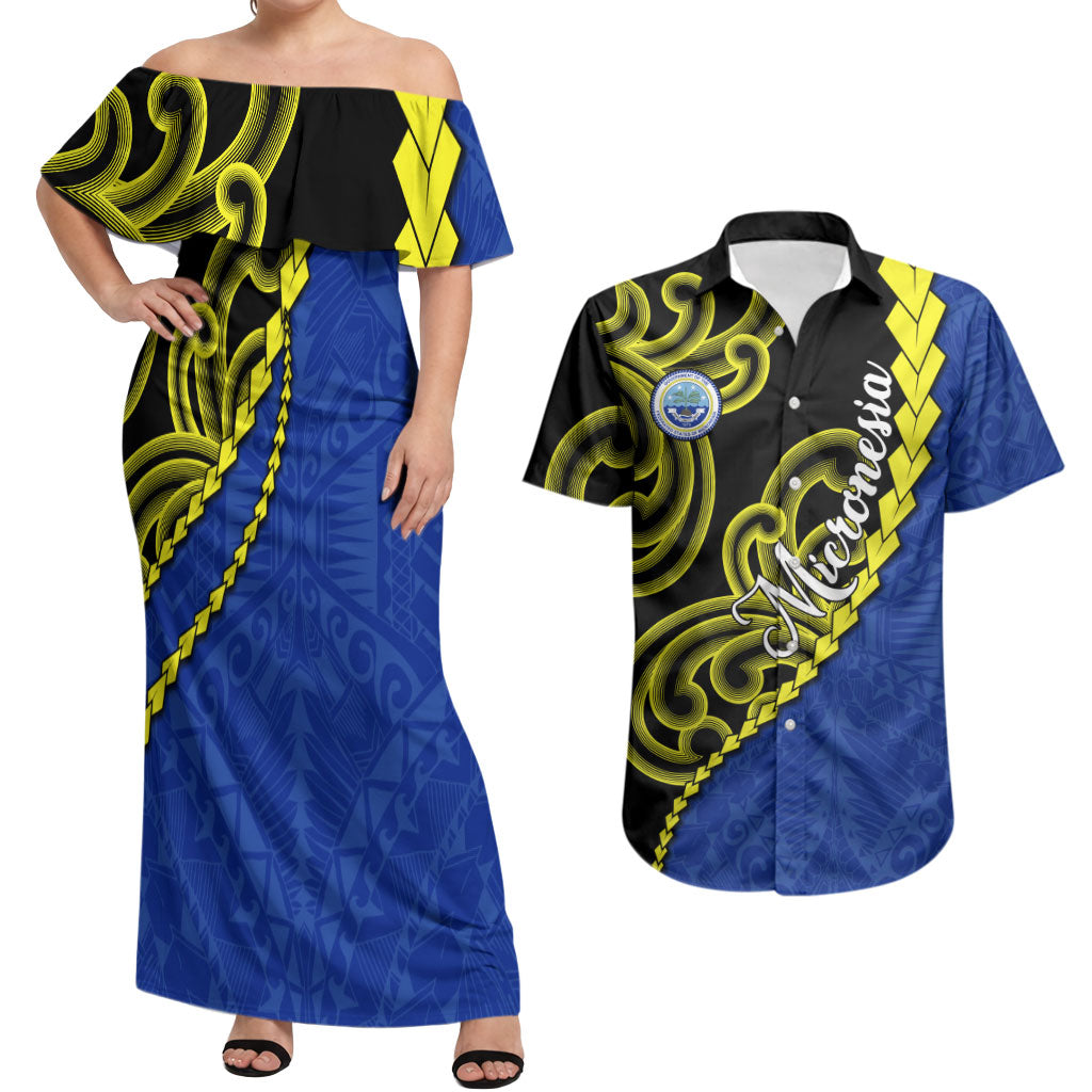 Federated States Of Micronesia FSM Couples Matching Off Shoulder Maxi Dress and Hawaiian Shirt Pacific Islander Tribal Swirl Geometric Pattern