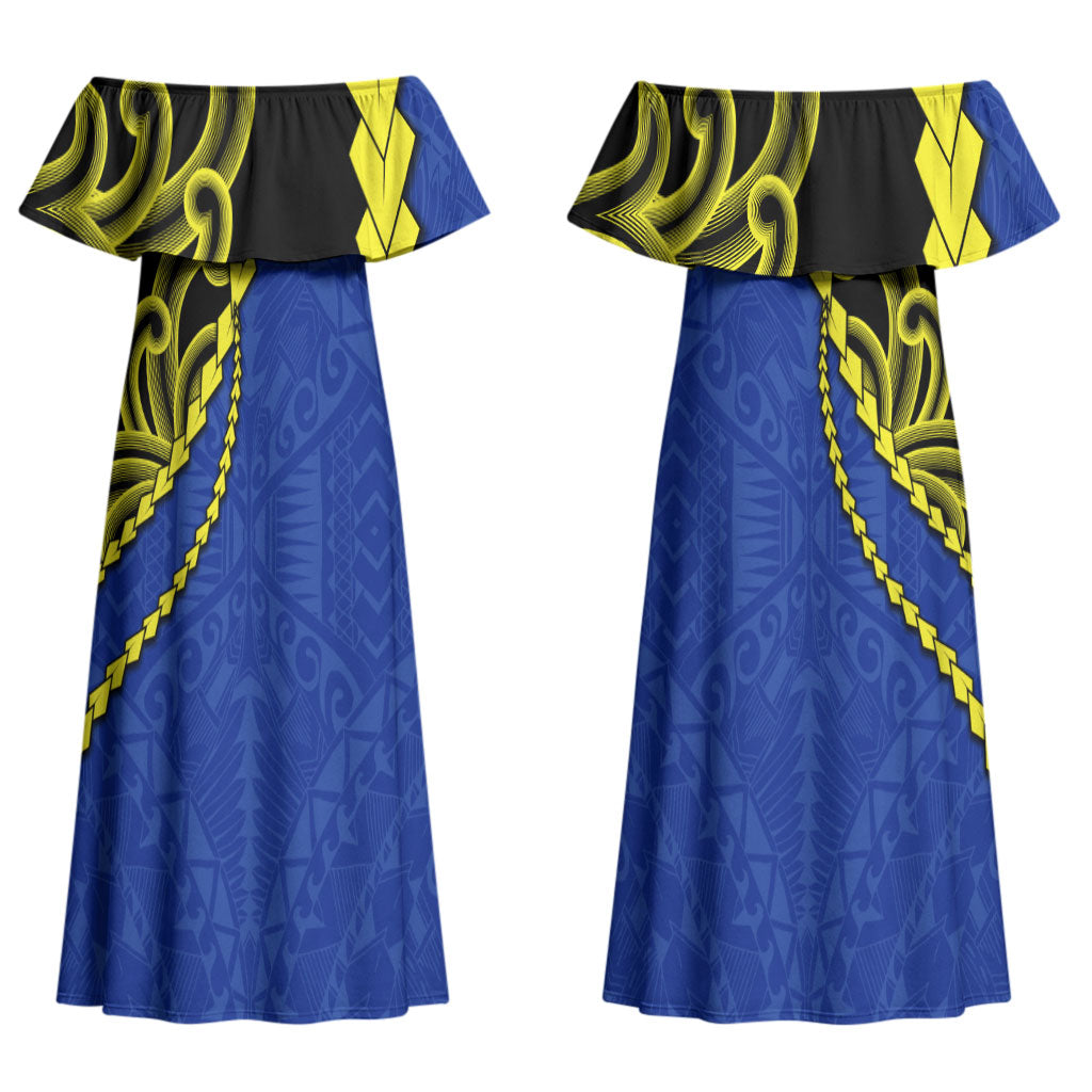 Federated States Of Micronesia FSM Couples Matching Off Shoulder Maxi Dress and Hawaiian Shirt Pacific Islander Tribal Swirl Geometric Pattern TS04 - Polynesian Pride