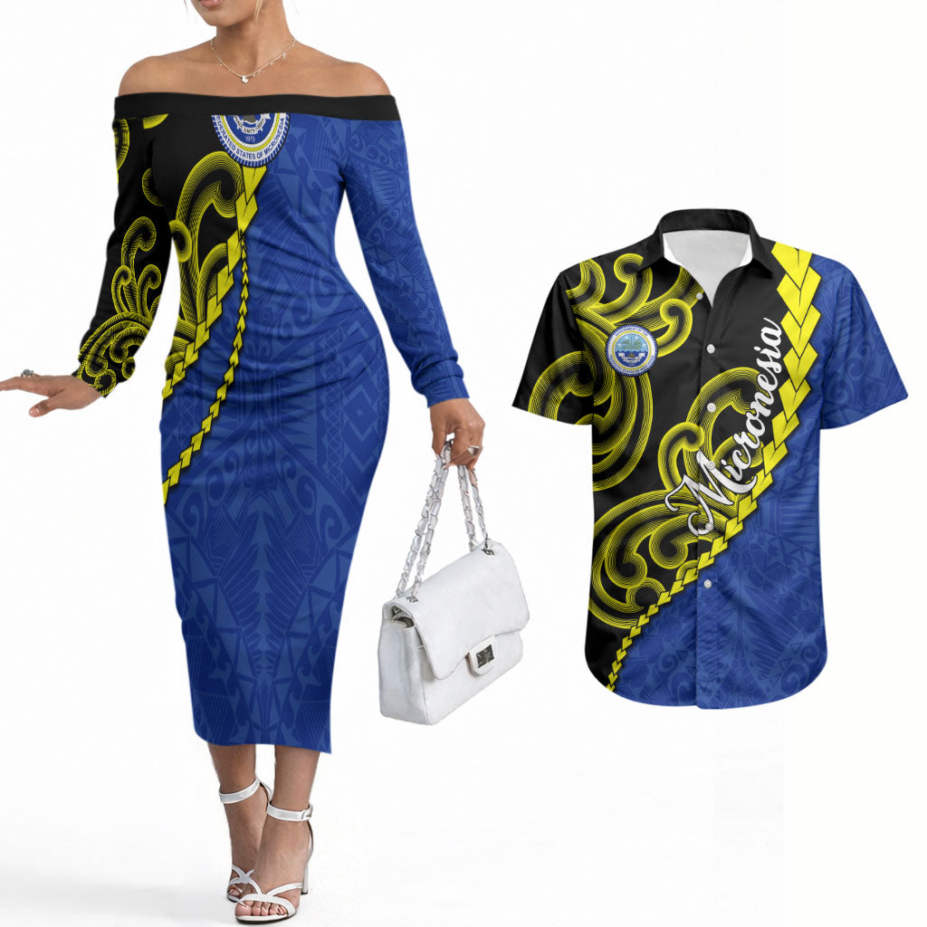 Federated States Of Micronesia FSM Couples Matching Off The Shoulder Long Sleeve Dress and Hawaiian Shirt Pacific Islander Tribal Swirl Geometric Pattern TS04 Black Blue - Polynesian Pride