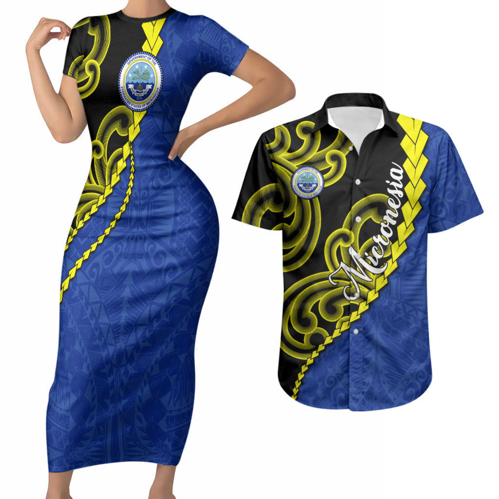 Federated States Of Micronesia FSM Couples Matching Short Sleeve Bodycon Dress and Hawaiian Shirt Pacific Islander Tribal Swirl Geometric Pattern
