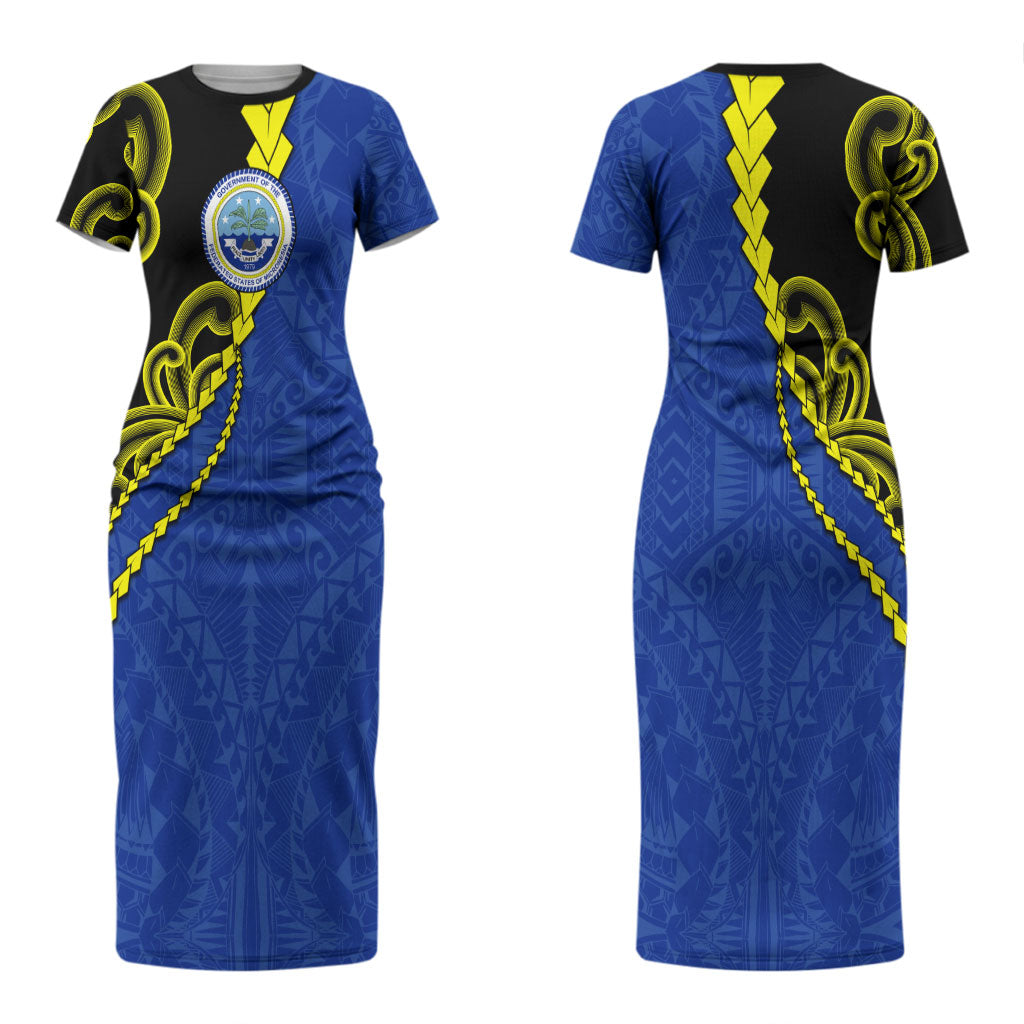 Federated States Of Micronesia FSM Couples Matching Short Sleeve Bodycon Dress and Hawaiian Shirt Pacific Islander Tribal Swirl Geometric Pattern TS04 - Polynesian Pride