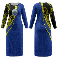 Federated States Of Micronesia FSM Family Matching Long Sleeve Bodycon Dress and Hawaiian Shirt Pacific Islander Tribal Swirl Geometric Pattern TS04 Mom's Dress Black Blue - Polynesian Pride
