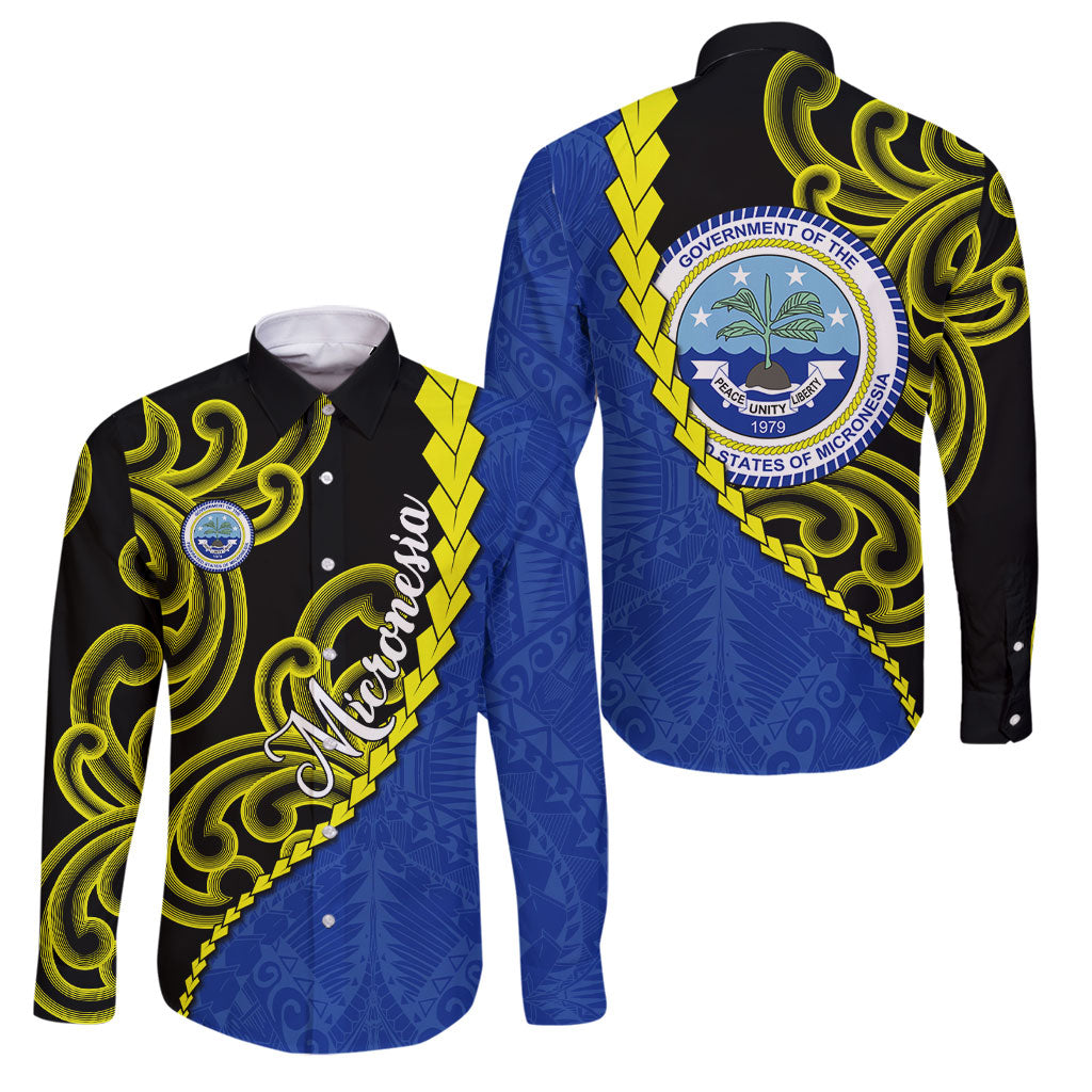 Federated States Of Micronesia FSM Family Matching Mermaid Dress and Hawaiian Shirt Pacific Islander Tribal Swirl Geometric Pattern TS04 Dad's Shirt - Long Sleeve Black Blue - Polynesian Pride