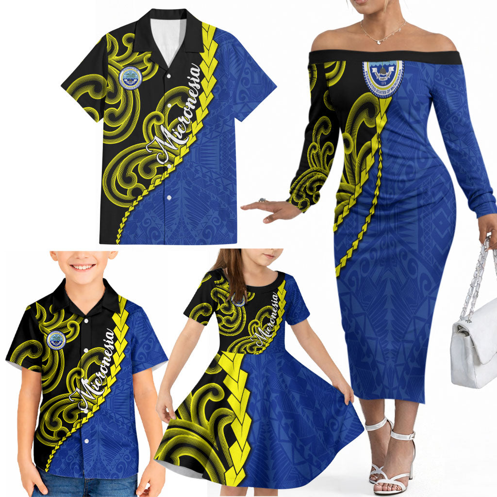 Federated States Of Micronesia FSM Family Matching Off The Shoulder Long Sleeve Dress and Hawaiian Shirt Pacific Islander Tribal Swirl Geometric Pattern TS04 - Polynesian Pride