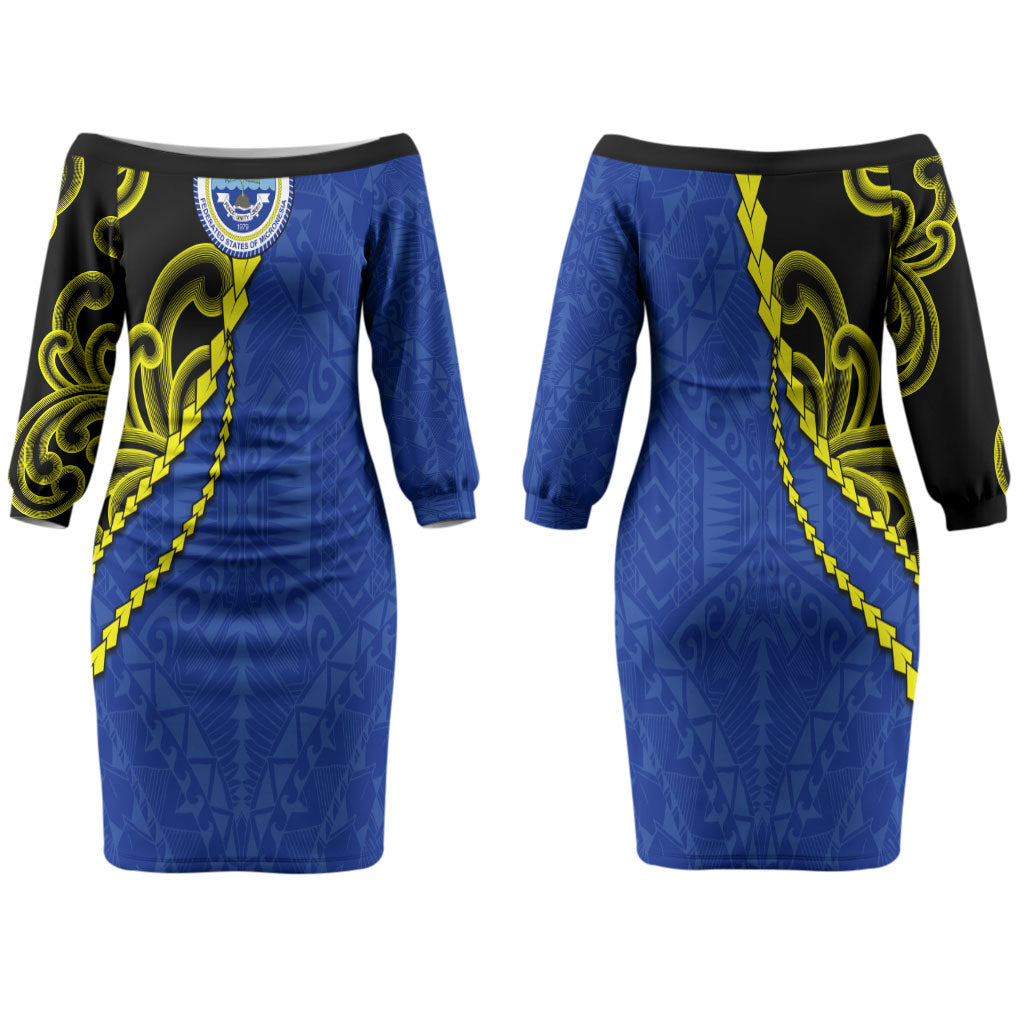 Federated States Of Micronesia FSM Family Matching Off The Shoulder Long Sleeve Dress and Hawaiian Shirt Pacific Islander Tribal Swirl Geometric Pattern TS04 Mom's Dress Black Blue - Polynesian Pride