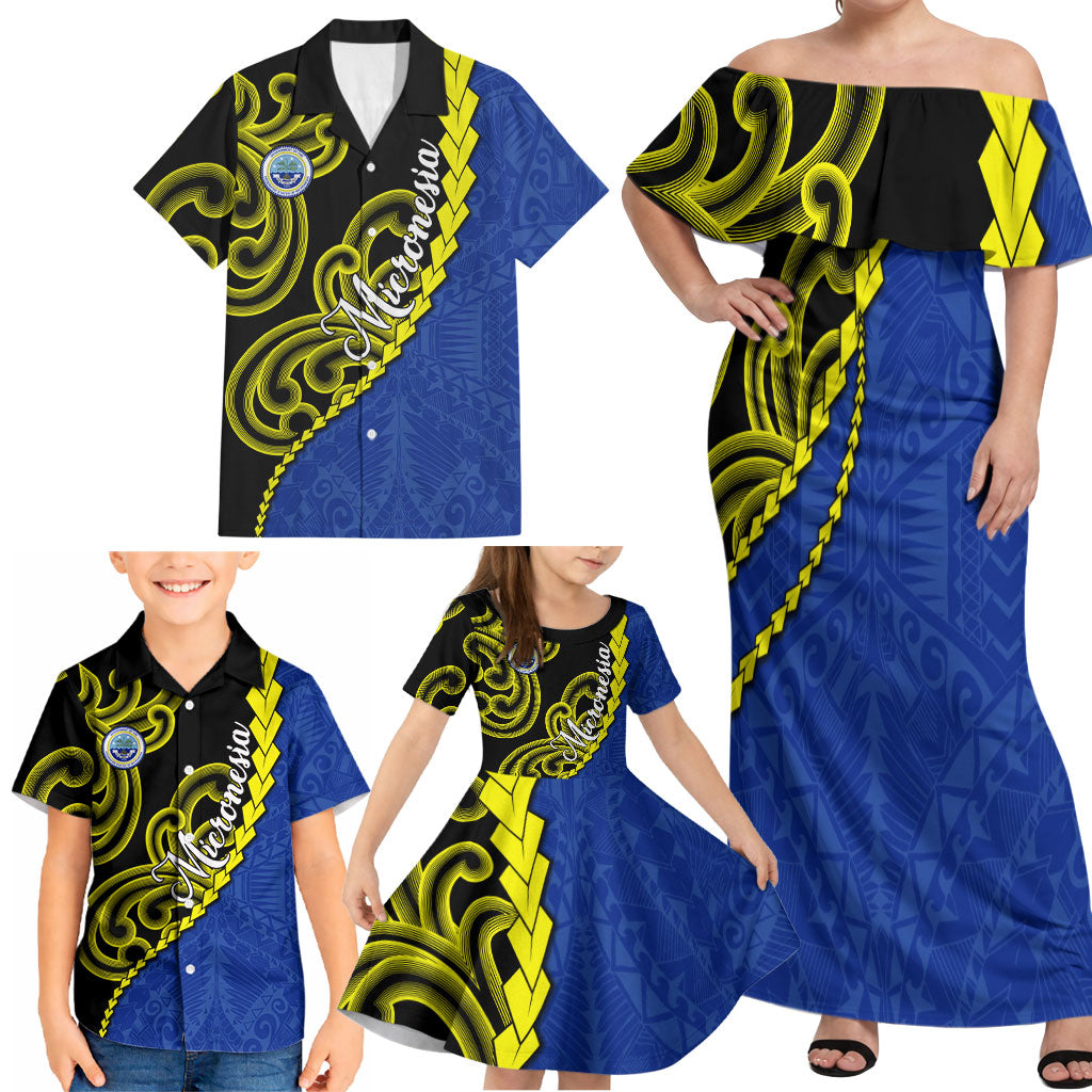 Federated States Of Micronesia FSM Family Matching Off Shoulder Maxi Dress and Hawaiian Shirt Pacific Islander Tribal Swirl Geometric Pattern TS04 - Polynesian Pride