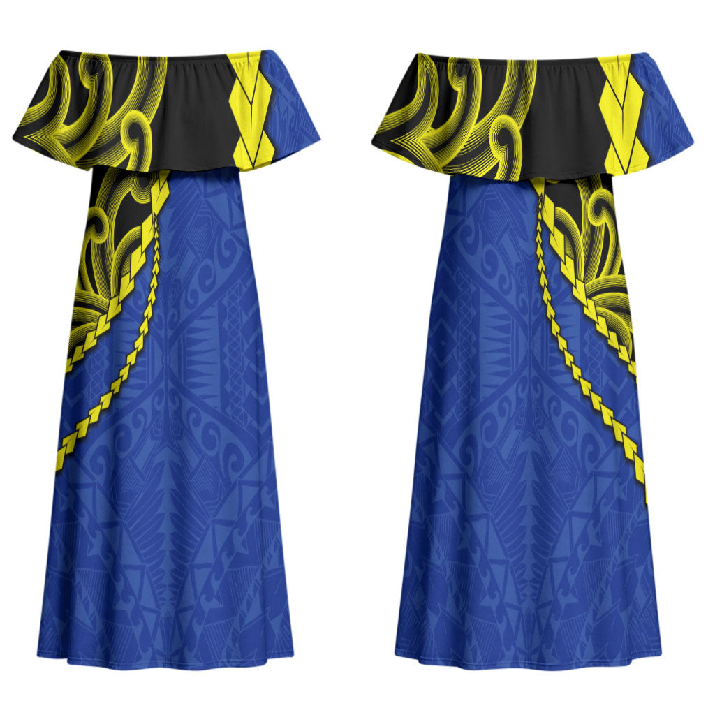 Federated States Of Micronesia FSM Family Matching Off Shoulder Maxi Dress and Hawaiian Shirt Pacific Islander Tribal Swirl Geometric Pattern TS04 Mom's Dress Black Blue - Polynesian Pride