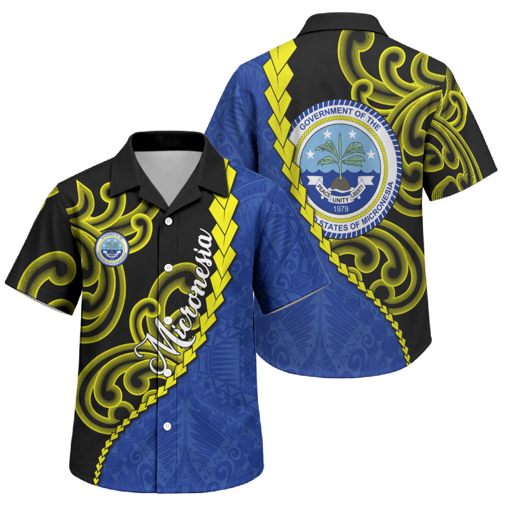 Federated States Of Micronesia FSM Family Matching Off Shoulder Maxi Dress and Hawaiian Shirt Pacific Islander Tribal Swirl Geometric Pattern TS04 Son's Shirt Black Blue - Polynesian Pride