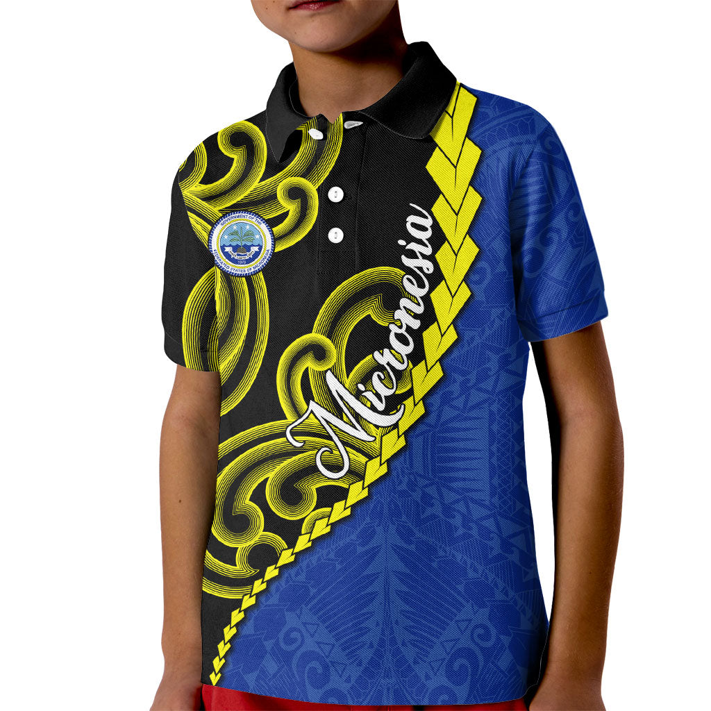 Federated States Of Micronesia FSM Kid Polo Shirt Pacific Islander Tribal Swirl Geometric Pattern TS04 Kid Black Blue - Polynesian Pride
