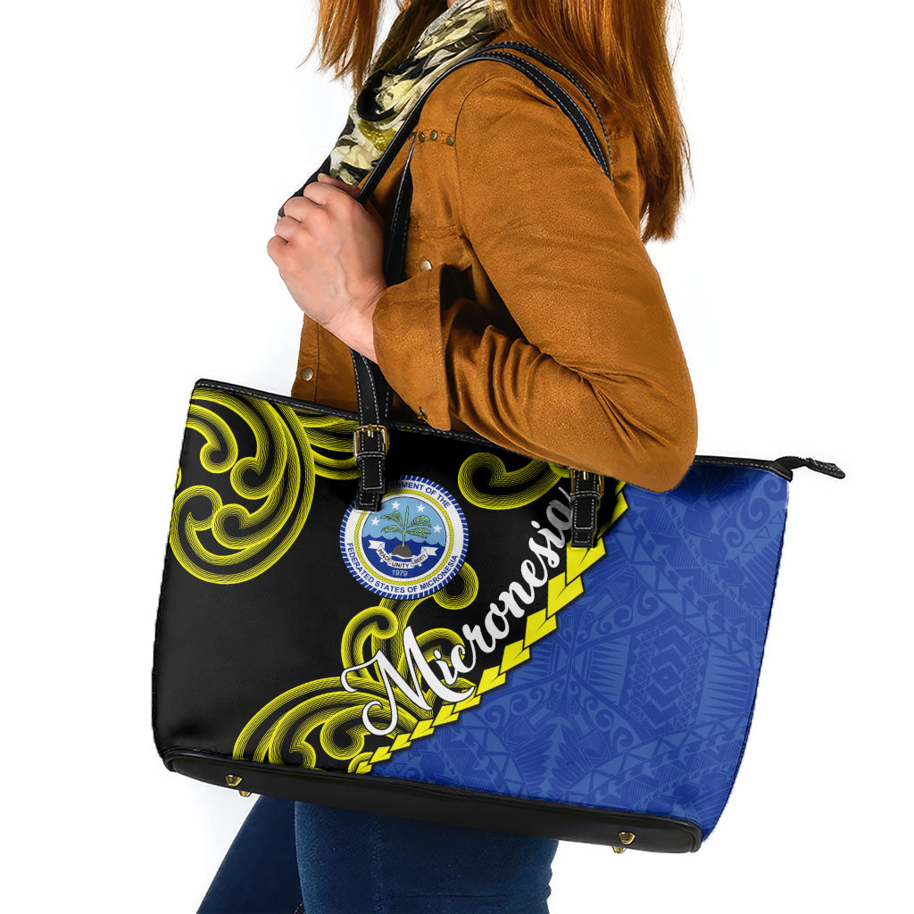 Federated States Of Micronesia FSM Leather Tote Bag Pacific Islander Tribal Swirl Geometric Pattern TS04 Black Blue - Polynesian Pride