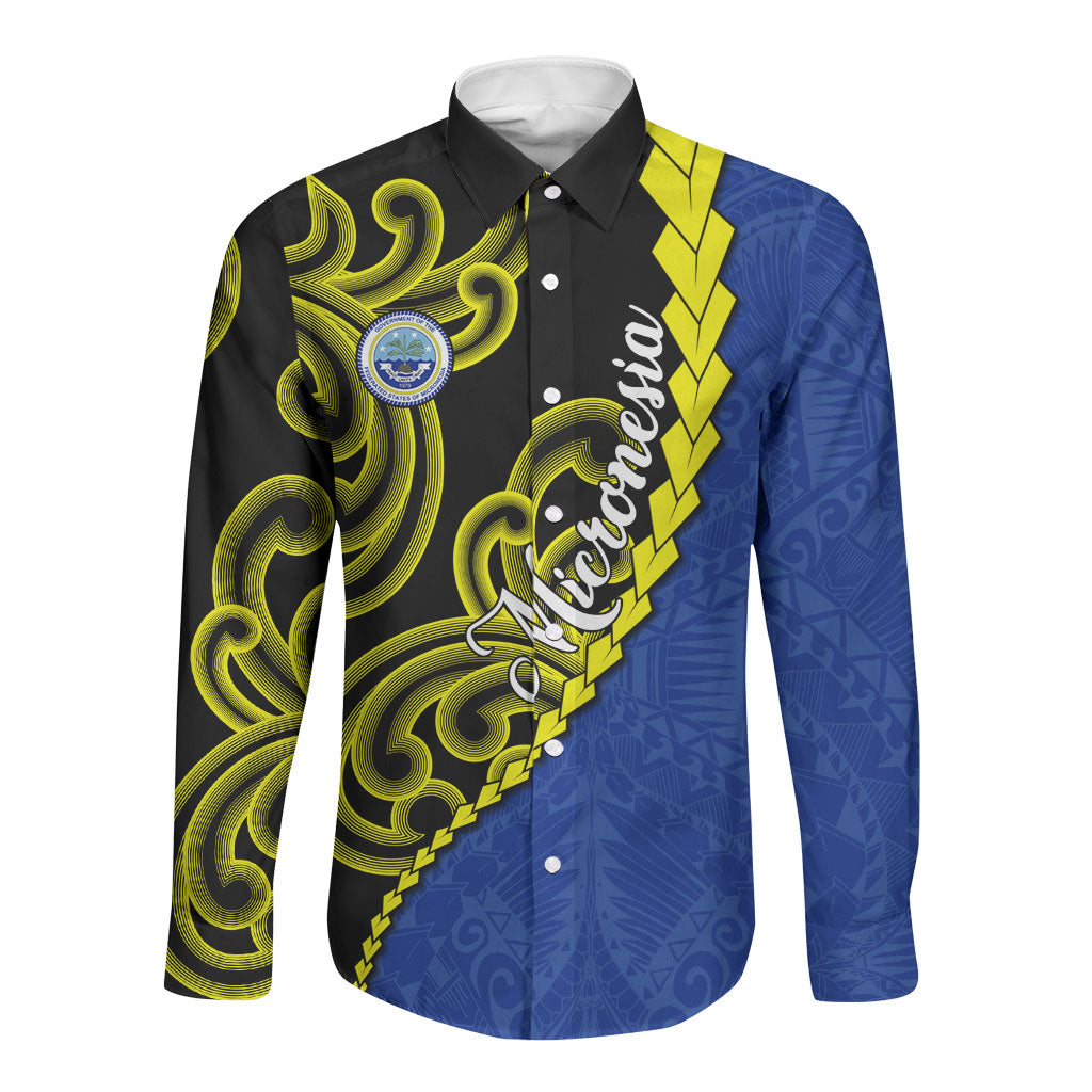 Federated States Of Micronesia FSM Long Sleeve Button Shirt Pacific Islander Tribal Swirl Geometric Pattern
