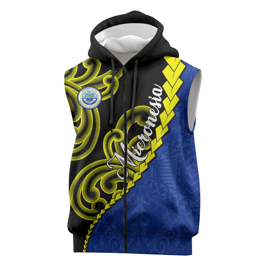 Federated States Of Micronesia FSM Sleeveless Zip Hoodie Pacific Islander Tribal Swirl Geometric Pattern TS04 Black Blue - Polynesian Pride
