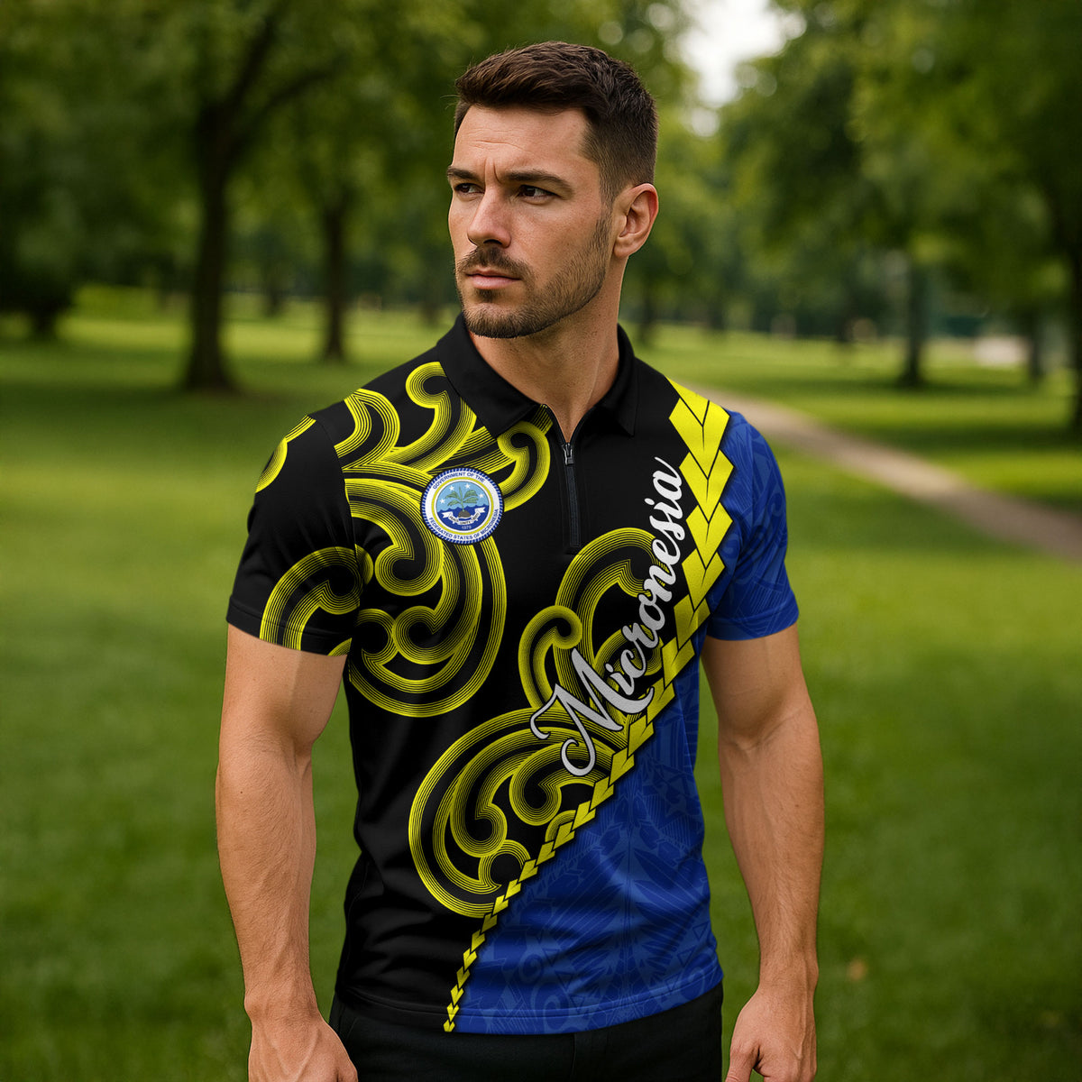Federated States Of Micronesia FSM Zipper Polo Shirt Pacific Islander Tribal Swirl Geometric Pattern TS04 - Polynesian Pride