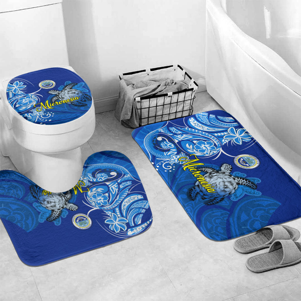 Micronesia Sea Turtle Bathroom Set Federated States Of Micronesia Tribal Floral Pattern TS04 Mat Set Only (3 pcs) One Size Blue White - Polynesian Pride