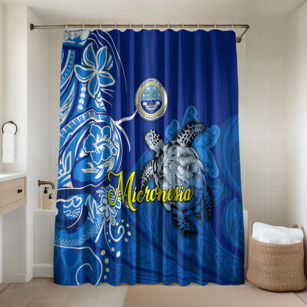 Micronesia Sea Turtle Bathroom Set Federated States Of Micronesia Tribal Floral Pattern TS04 Shower Curtain Only Blue White - Polynesian Pride