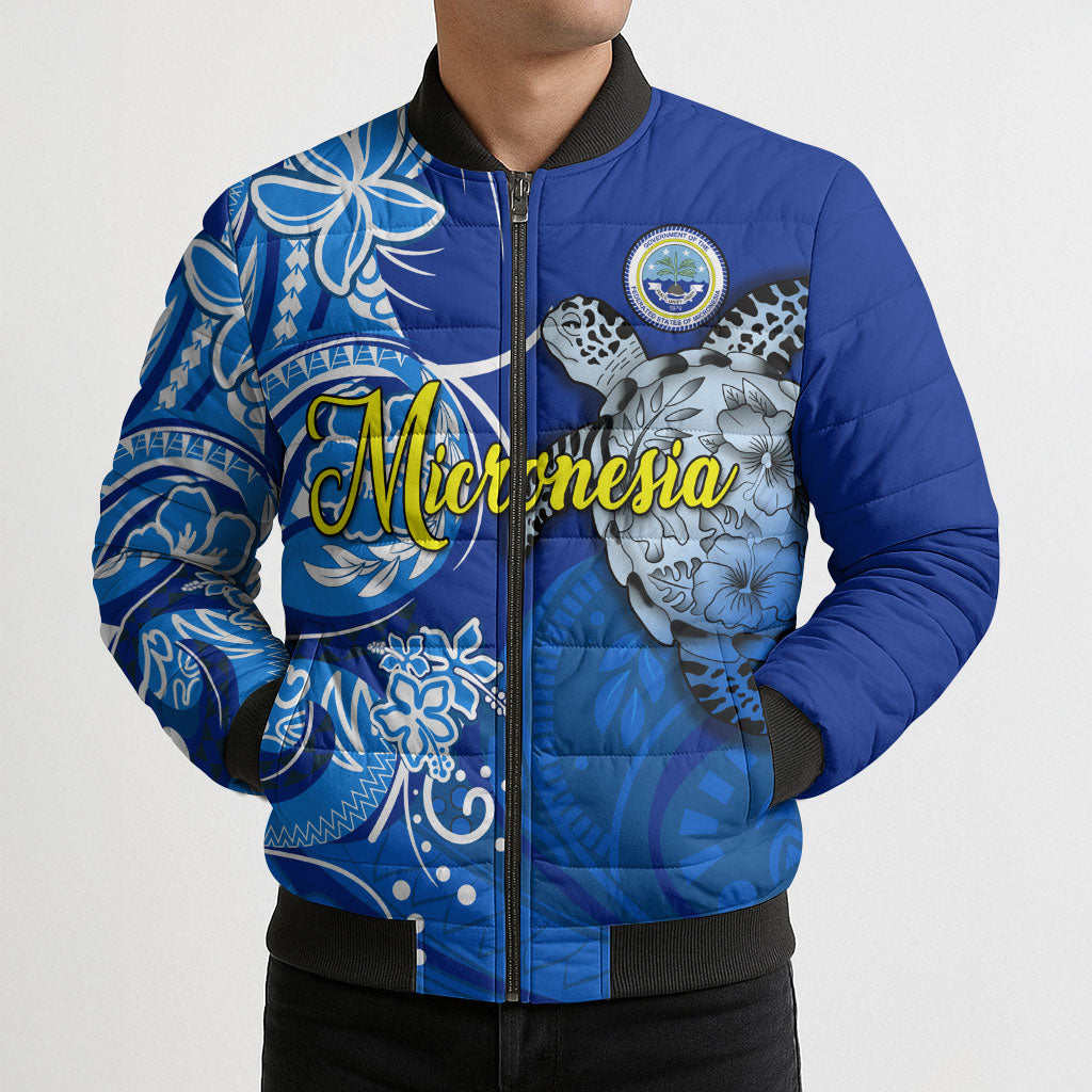 Micronesia Sea Turtle Bomber Puffer Jacket Federated States Of Micronesia Tribal Floral Pattern