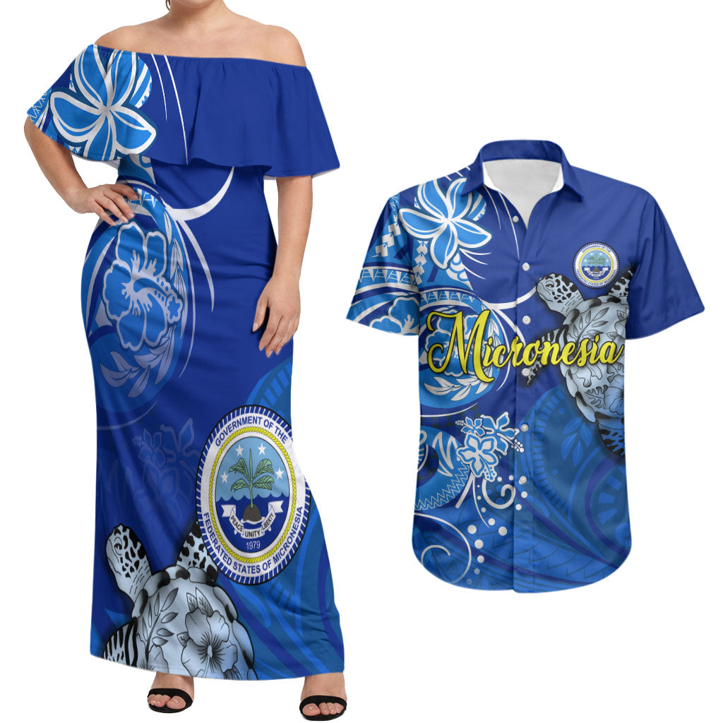 Micronesia Sea Turtle Couples Matching Off Shoulder Maxi Dress and Hawaiian Shirt Federated States Of Micronesia Tribal Floral Pattern