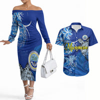 Micronesia Sea Turtle Couples Matching Off The Shoulder Long Sleeve Dress and Hawaiian Shirt Federated States Of Micronesia Tribal Floral Pattern TS04 Blue White - Polynesian Pride