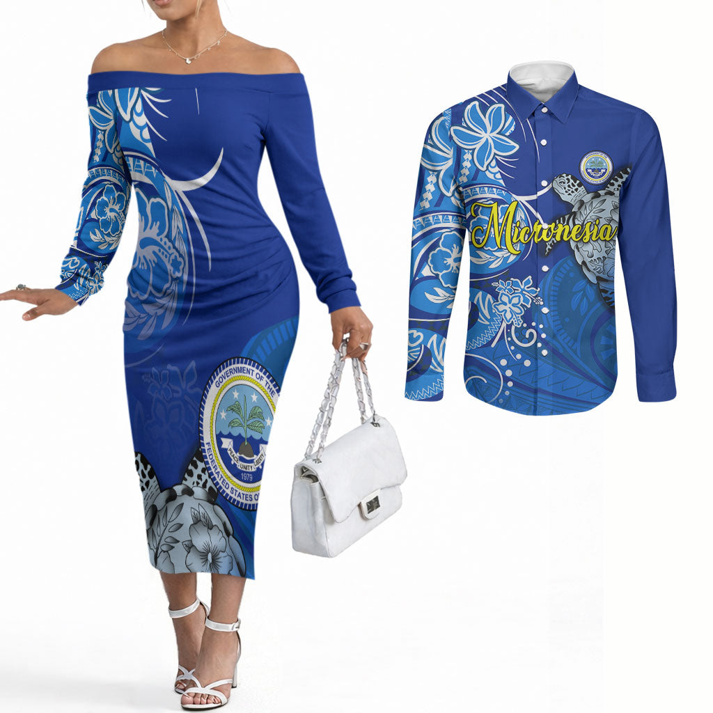 Micronesia Sea Turtle Couples Matching Off The Shoulder Long Sleeve Dress and Long Sleeve Button Shirt Federated States Of Micronesia Tribal Floral Pattern