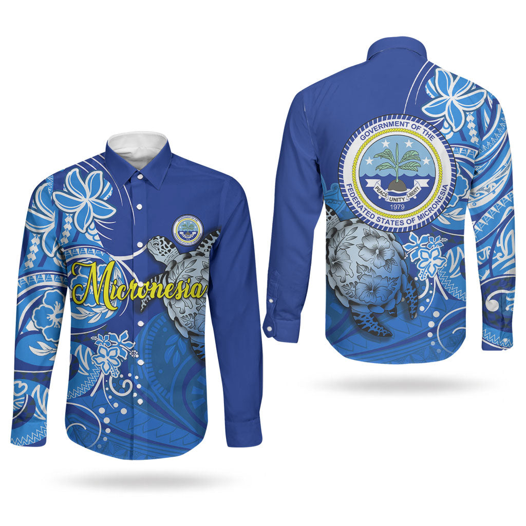 Micronesia Sea Turtle Couples Matching Puletasi and Long Sleeve Button Shirt Federated States Of Micronesia Tribal Floral Pattern TS04 - Polynesian Pride