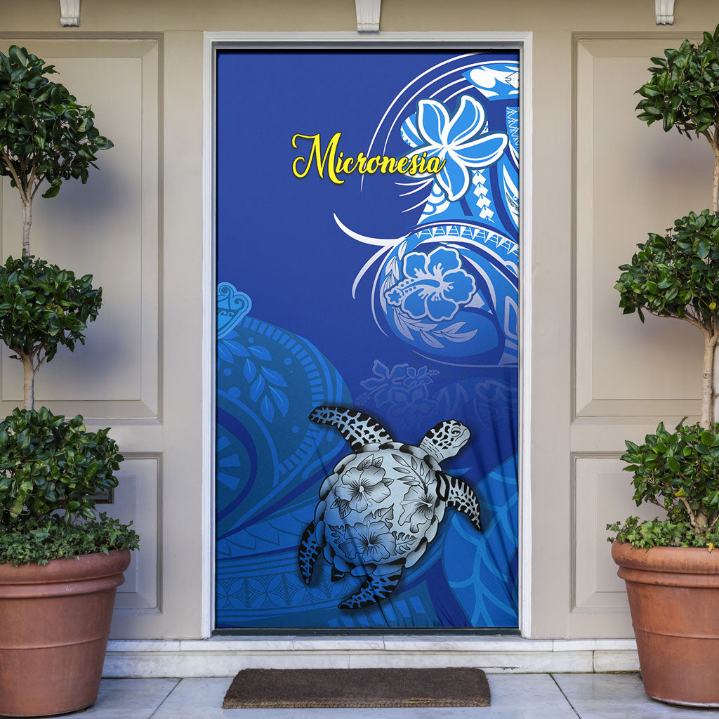 Micronesia Sea Turtle Door Cover Federated States Of Micronesia Tribal Floral Pattern TS04 Blue White - Polynesian Pride