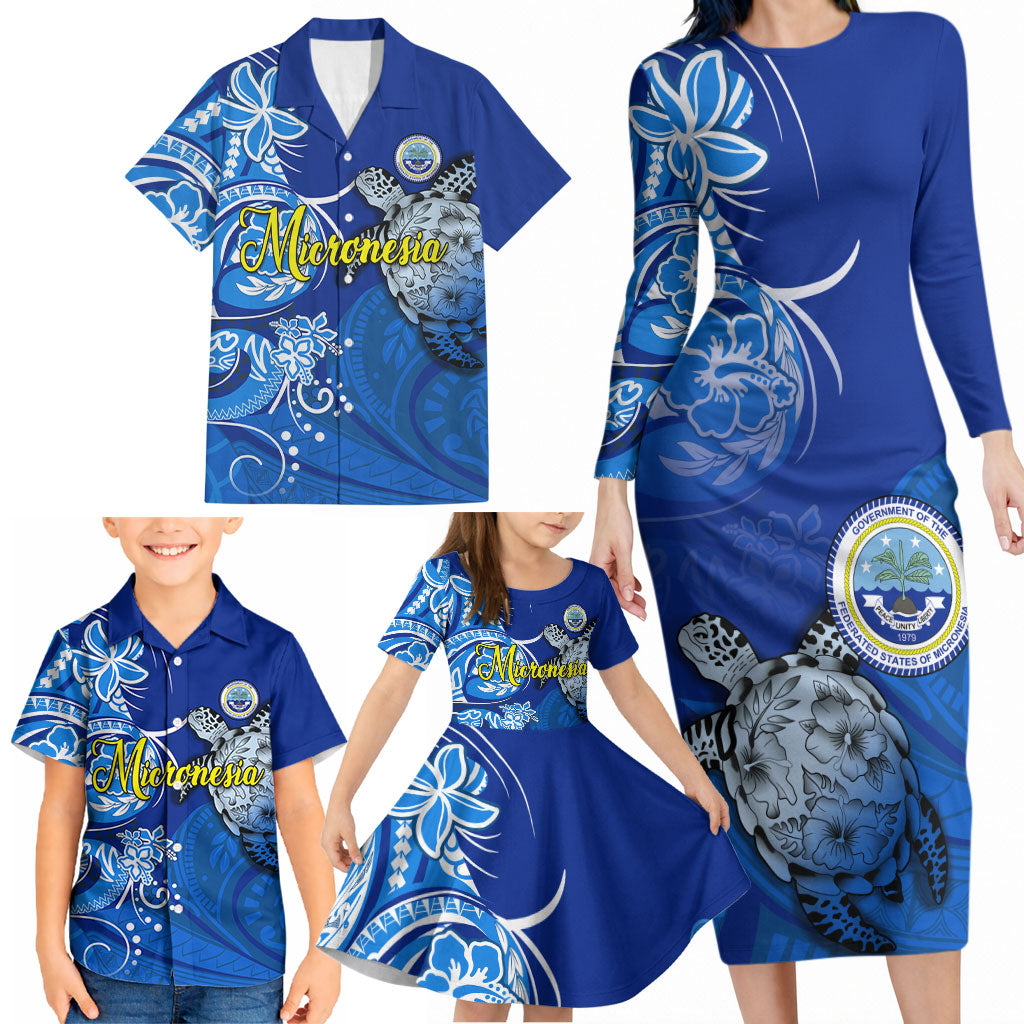 Micronesia Sea Turtle Family Matching Long Sleeve Bodycon Dress and Hawaiian Shirt Federated States Of Micronesia Tribal Floral Pattern TS04 - Polynesian Pride