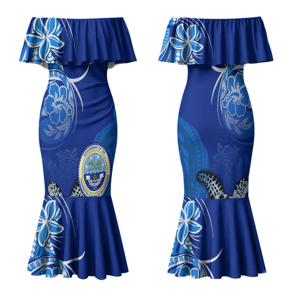 Micronesia Sea Turtle Family Matching Mermaid Dress and Hawaiian Shirt Federated States Of Micronesia Tribal Floral Pattern TS04 Mom's Dress Blue White - Polynesian Pride