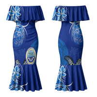 Micronesia Sea Turtle Family Matching Mermaid Dress and Hawaiian Shirt Federated States Of Micronesia Tribal Floral Pattern TS04 Mom's Dress Blue White - Polynesian Pride