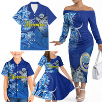 Micronesia Sea Turtle Family Matching Off The Shoulder Long Sleeve Dress and Hawaiian Shirt Federated States Of Micronesia Tribal Floral Pattern TS04 - Polynesian Pride