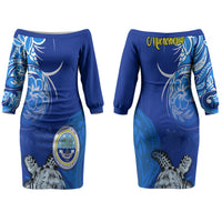 Micronesia Sea Turtle Family Matching Off The Shoulder Long Sleeve Dress and Hawaiian Shirt Federated States Of Micronesia Tribal Floral Pattern TS04 Mom's Dress Blue White - Polynesian Pride