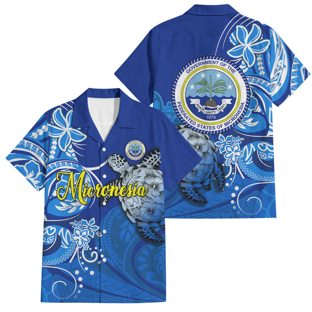 Micronesia Sea Turtle Family Matching Off The Shoulder Long Sleeve Dress and Hawaiian Shirt Federated States Of Micronesia Tribal Floral Pattern TS04 Dad's Shirt - Short Sleeve Blue White - Polynesian Pride