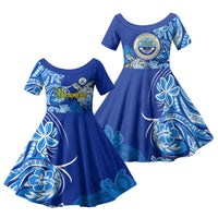 Micronesia Sea Turtle Family Matching Off The Shoulder Long Sleeve Dress and Hawaiian Shirt Federated States Of Micronesia Tribal Floral Pattern TS04 Daughter's Dress Blue White - Polynesian Pride