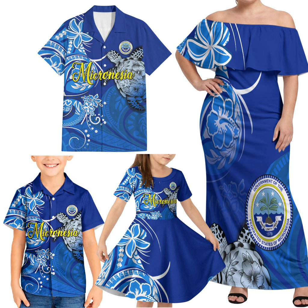 Micronesia Sea Turtle Family Matching Off Shoulder Maxi Dress and Hawaiian Shirt Federated States Of Micronesia Tribal Floral Pattern TS04 - Polynesian Pride