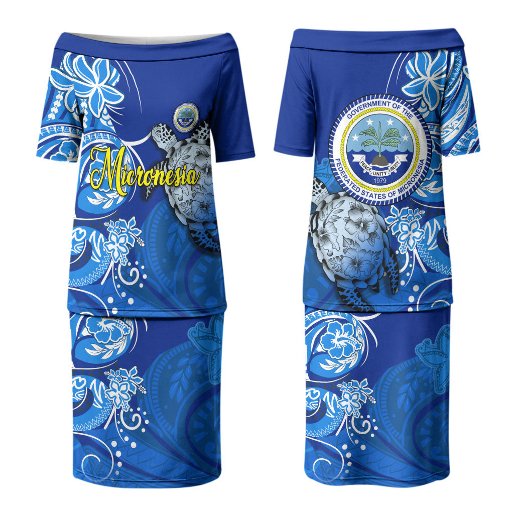 Micronesia Sea Turtle Family Matching Puletasi and Hawaiian Shirt Federated States Of Micronesia Tribal Floral Pattern TS04 Mom's Dress Blue White - Polynesian Pride