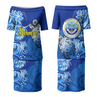Micronesia Sea Turtle Family Matching Puletasi and Hawaiian Shirt Federated States Of Micronesia Tribal Floral Pattern TS04 Mom's Dress Blue White - Polynesian Pride