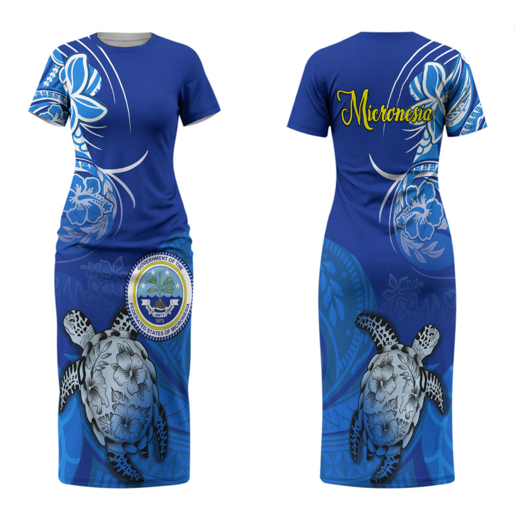 Micronesia Sea Turtle Family Matching Short Sleeve Bodycon Dress and Hawaiian Shirt Federated States Of Micronesia Tribal Floral Pattern TS04 Mom's Dress Blue White - Polynesian Pride