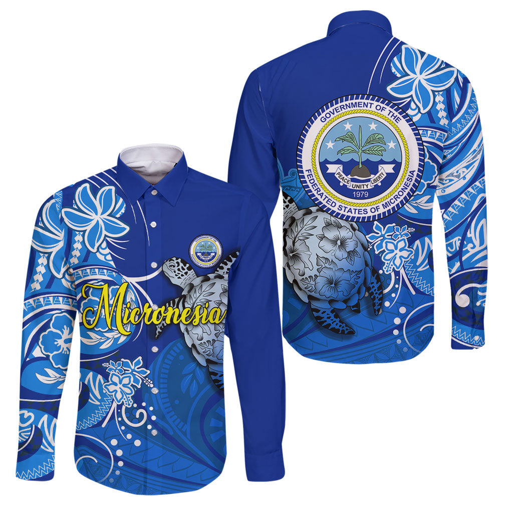Micronesia Sea Turtle Family Matching Short Sleeve Bodycon Dress and Hawaiian Shirt Federated States Of Micronesia Tribal Floral Pattern TS04 Dad's Shirt - Long Sleeve Blue White - Polynesian Pride